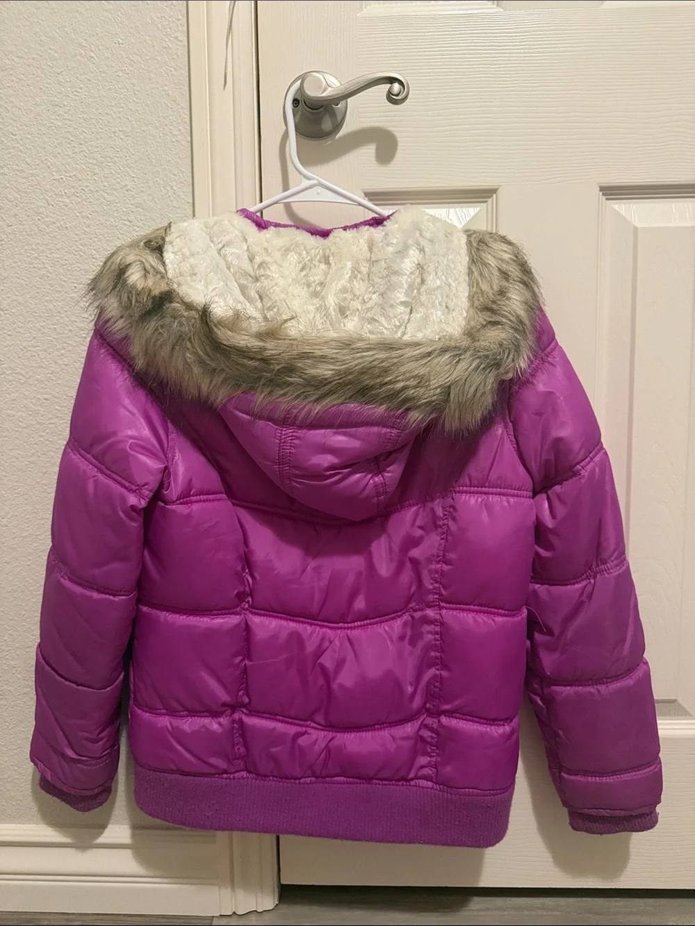 Justice Purple Girls' Puffer Jacket with Faux Fur Trim